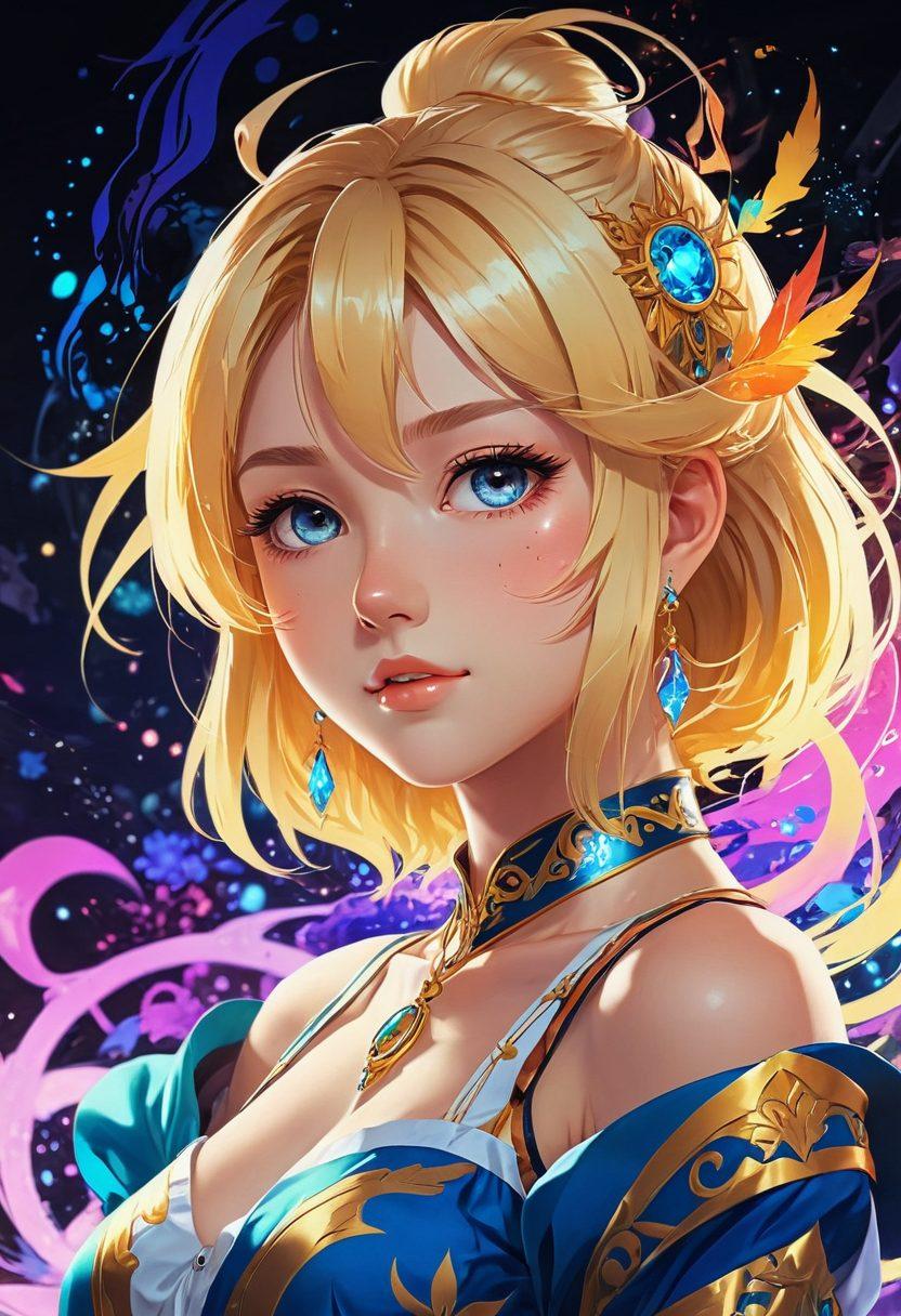 A vibrant and colorful illustration of a blonde character in a whimsical anime style, showcasing her transformation from a traditional canvas painting to a dynamic screen display. The background should blend elements of classic art and digital technology, featuring brush strokes and pixelated effects to emphasize the duality. Include soft glowing lights and abstract shapes to represent creativity and fantasy. The character should have expressive eyes and captivating features, embodying the allure of anime aesthetics. vector art. vibrant colors. dynamic composition.