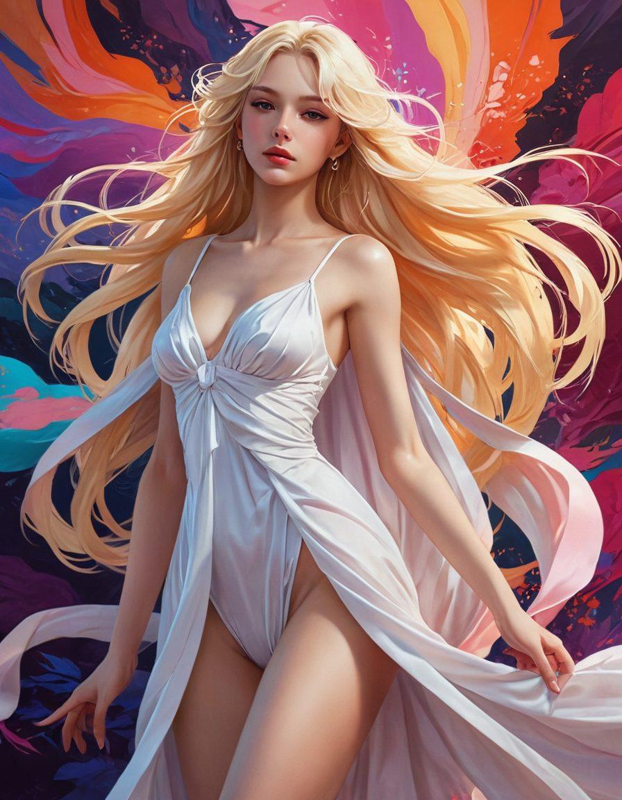 A mesmerizing blend of classical and modern elements showcasing ethereal blonde beauties in artistic poses, surrounded by soft, flowing fabrics that enhance their elegance. The background features vivid hues and abstract shapes reminiscent of hentai anime aesthetics, creating an intriguing contrast. The lighting should be warm and inviting, accentuating the delicate details of the human form. super-realistic. vibrant colors. digital painting.